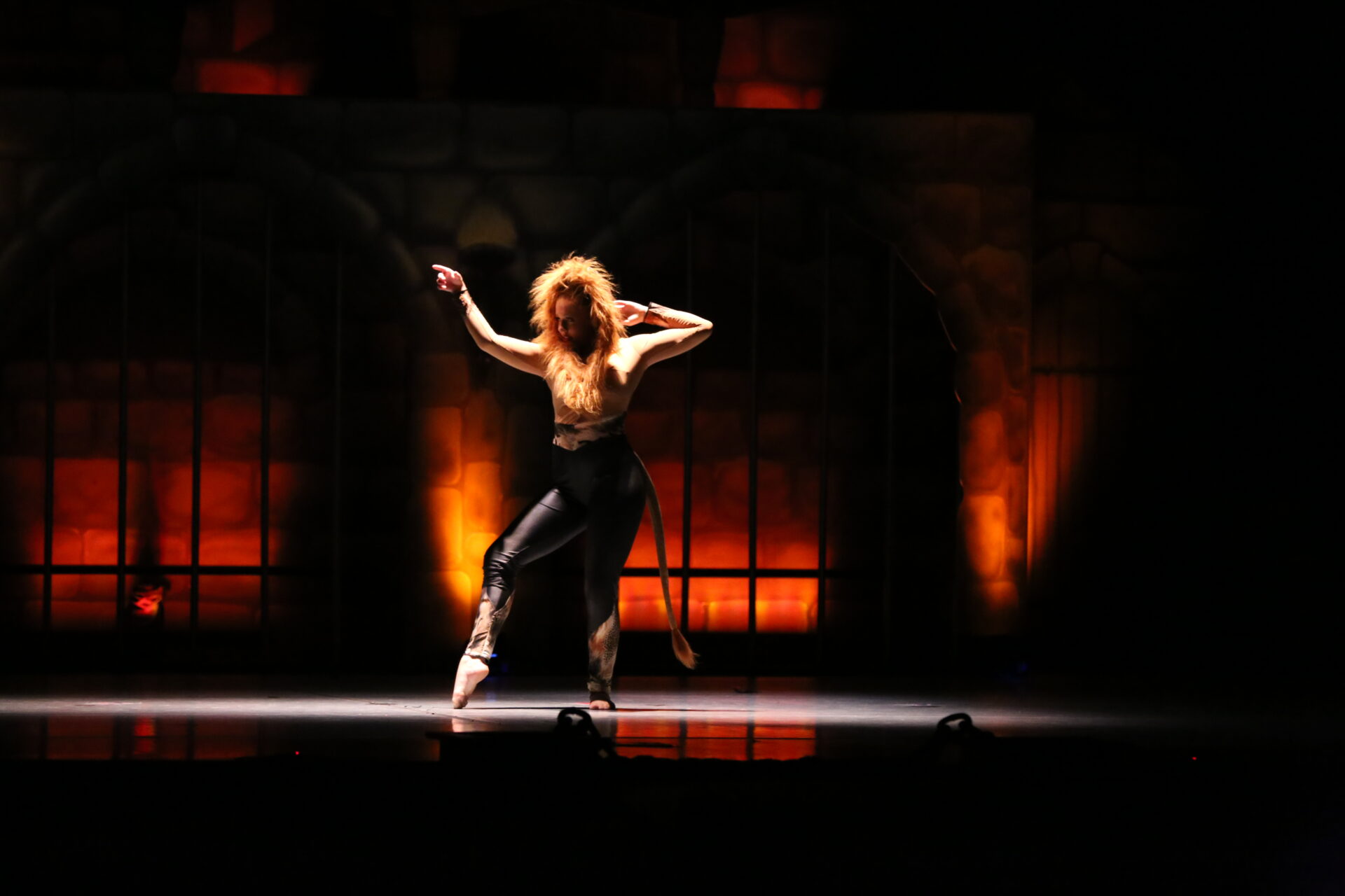 A Woman in Black Costume and Fuzzy Hair Dancing on the Stage