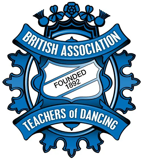 A blue and white logo of the british association for teachers of dancing.