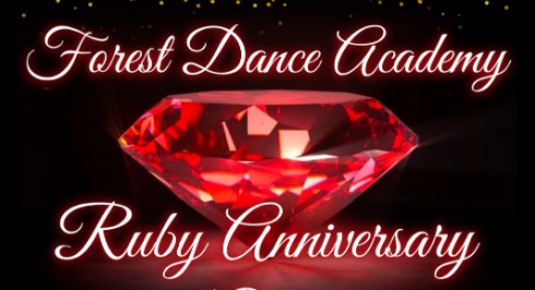 A red diamond with the words " finest dance academy ruby anniversary ".